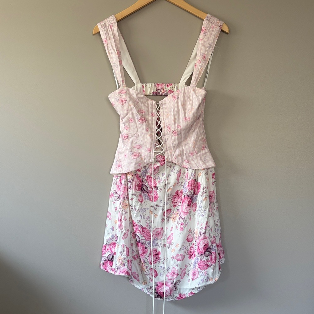 NWT For Love & Lemons Taylor Lace Up Corset Style Floral Mini Dress Medium - Picture 4 of 13